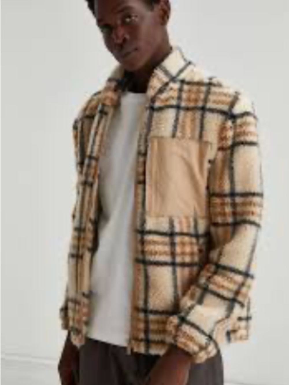 NATIVE YOUTH Beige Plaid Sherpa Shirt Jacket with Tan Patch Pocket